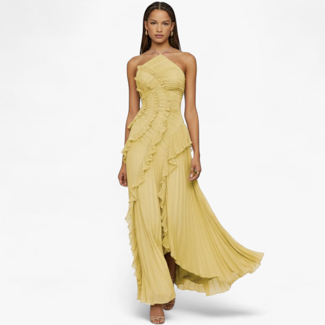 Miles & Luna Ruffle Pleated Halter Maxi Dress Slim Fit European Style for Women