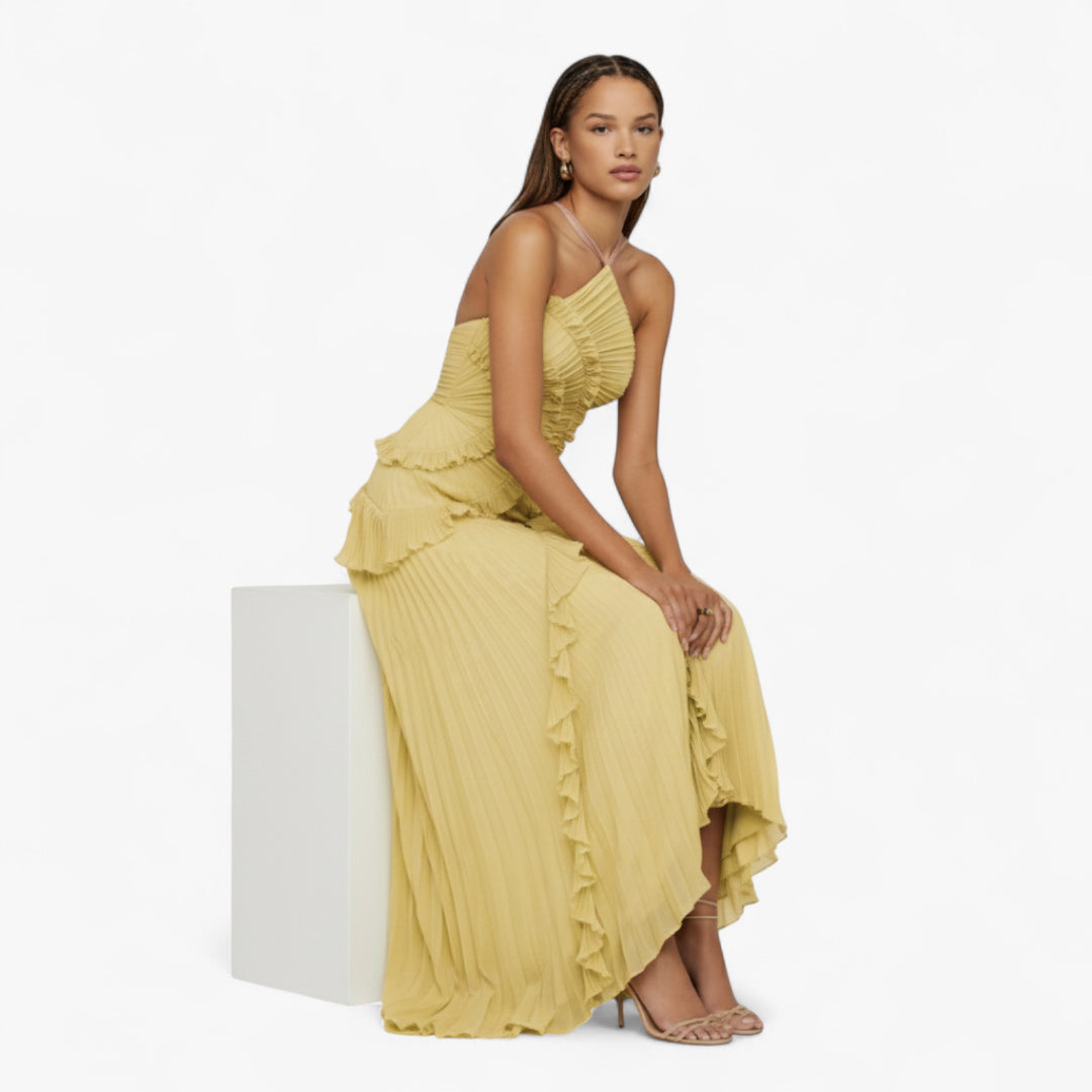 Miles & Luna Ruffle Pleated Halter Maxi Dress Slim Fit European Style for Women