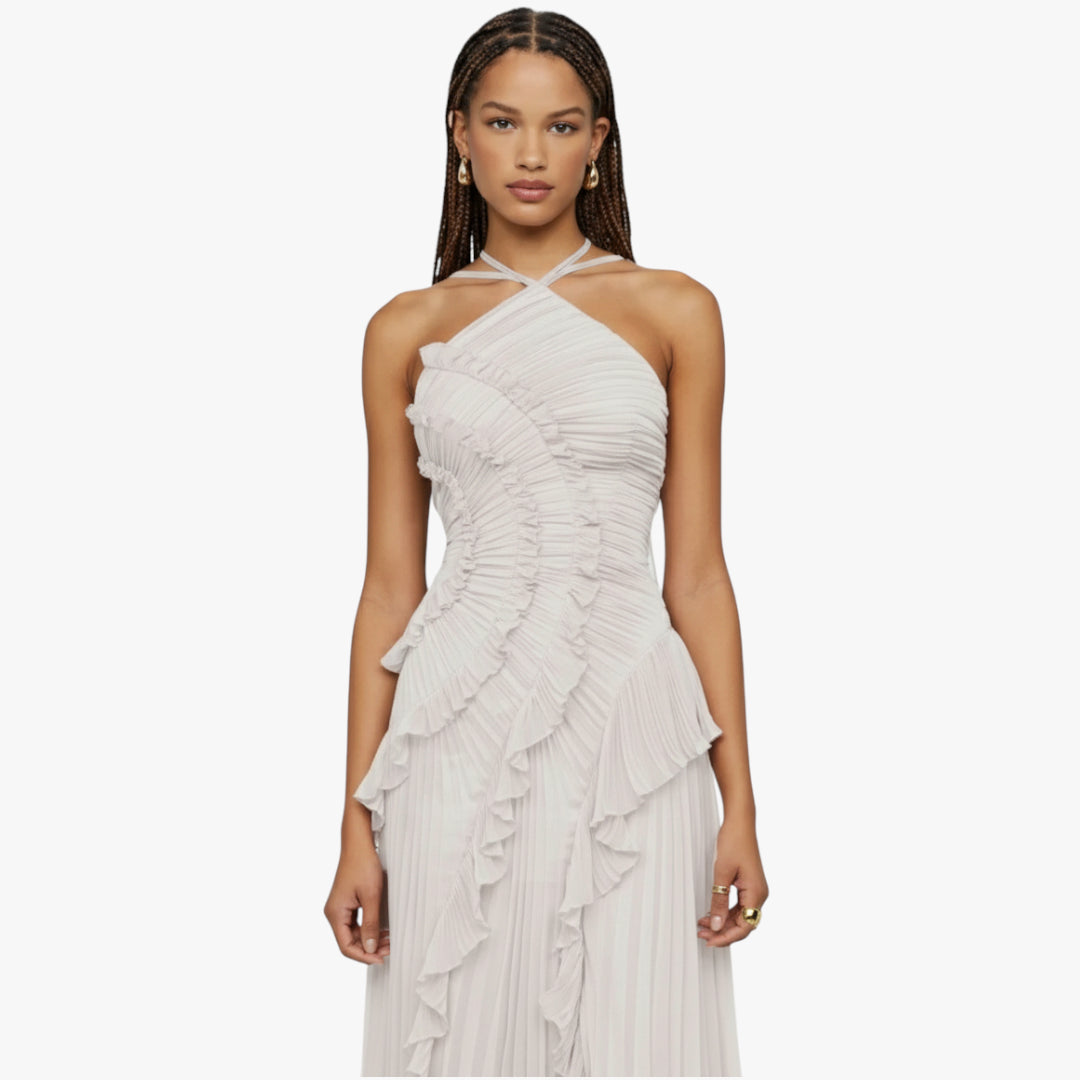 Miles & Luna Ruffle Pleated Halter Maxi Dress Slim Fit European Style for Women