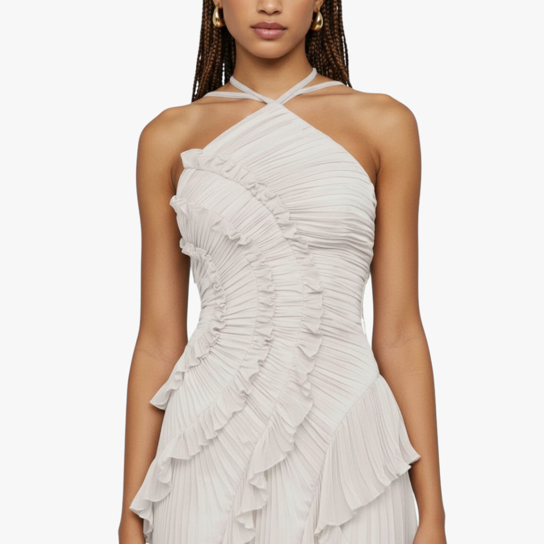Miles & Luna Ruffle Pleated Halter Maxi Dress Slim Fit European Style for Women