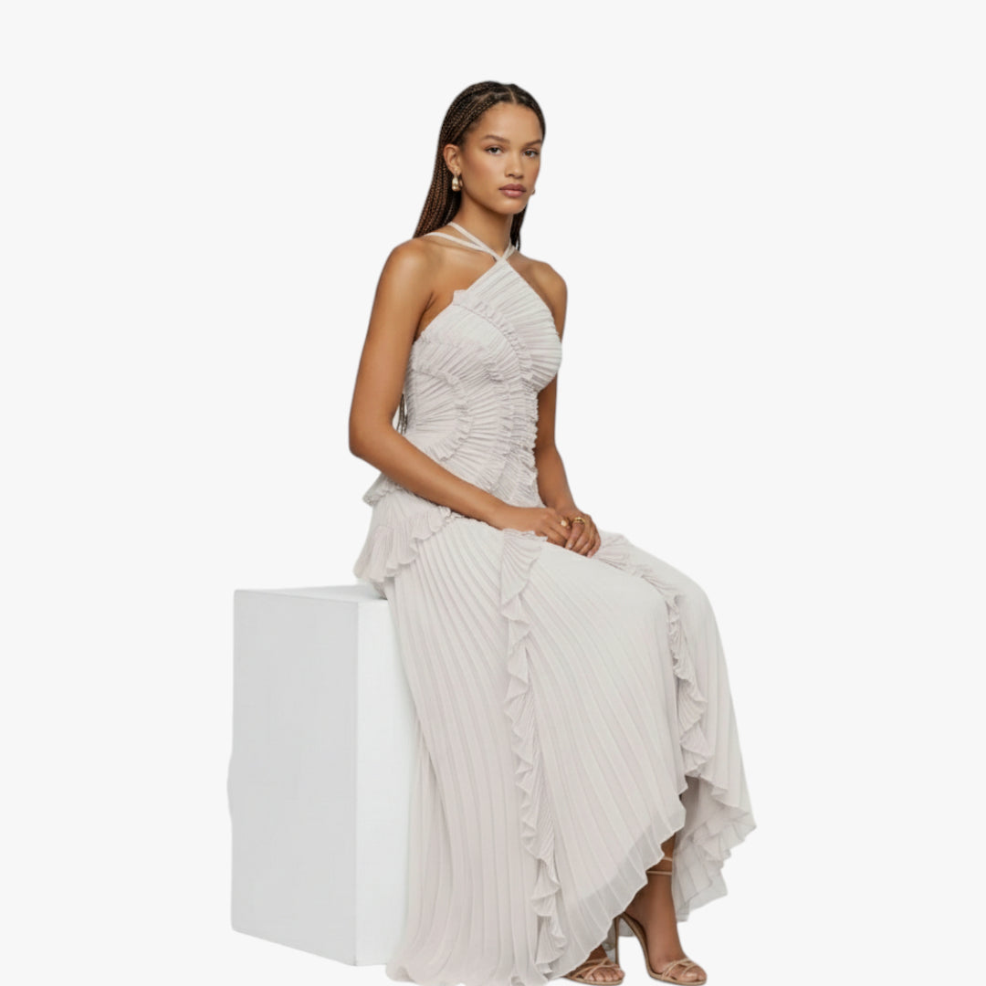 Miles & Luna Ruffle Pleated Halter Maxi Dress Slim Fit European Style for Women