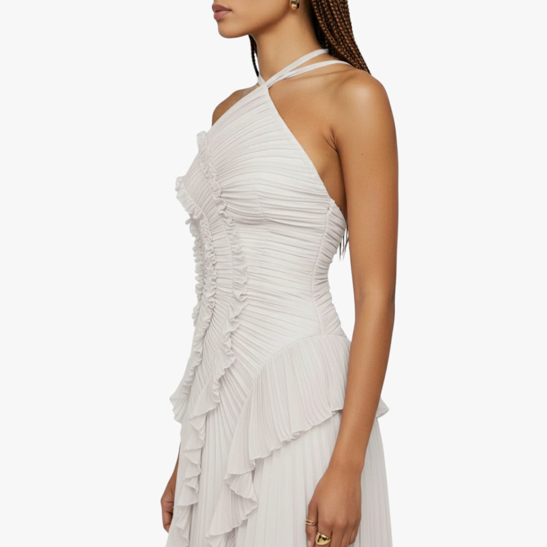 Miles & Luna Ruffle Pleated Halter Maxi Dress Slim Fit European Style for Women