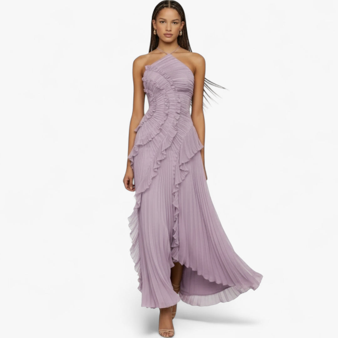 Miles & Luna Ruffle Pleated Halter Maxi Dress Slim Fit European Style for Women