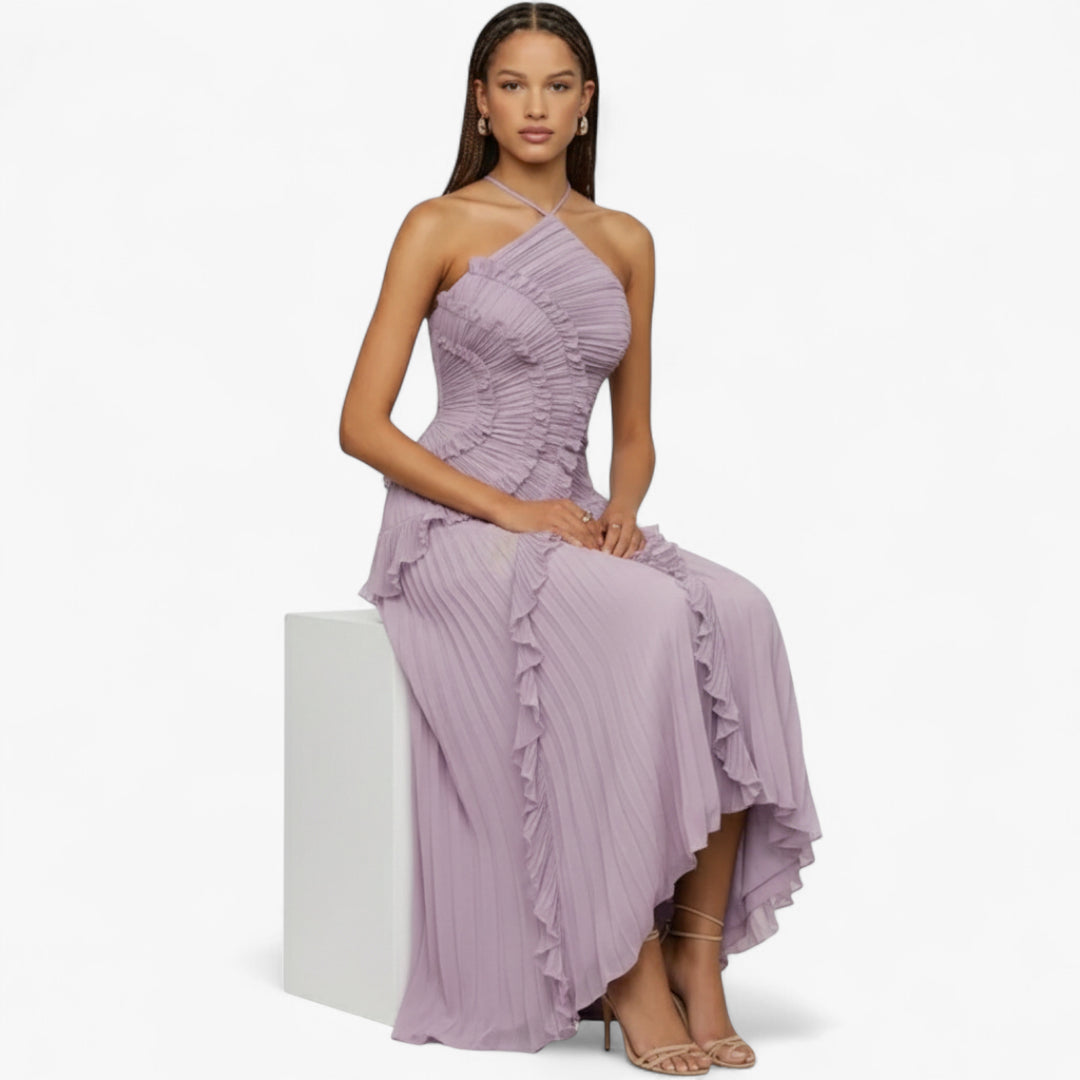 Miles & Luna Ruffle Pleated Halter Maxi Dress Slim Fit European Style for Women