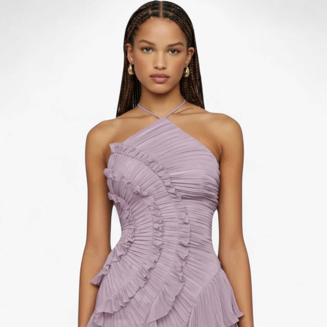 Miles & Luna Ruffle Pleated Halter Maxi Dress Slim Fit European Style for Women
