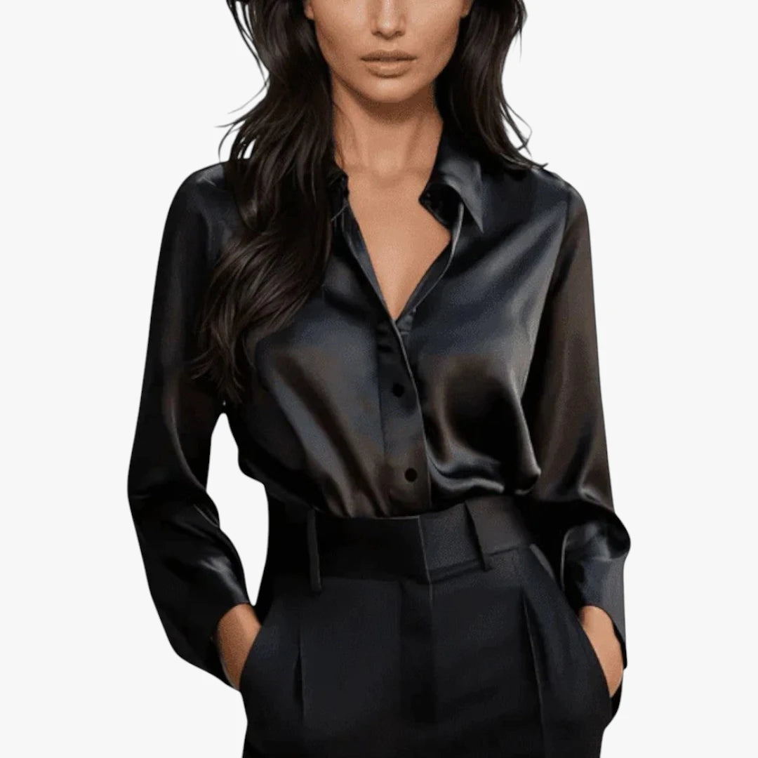 Miles & Luna Satin Long Sleeve Blouse with Silky Finish and Elegant Draped Fit for Women