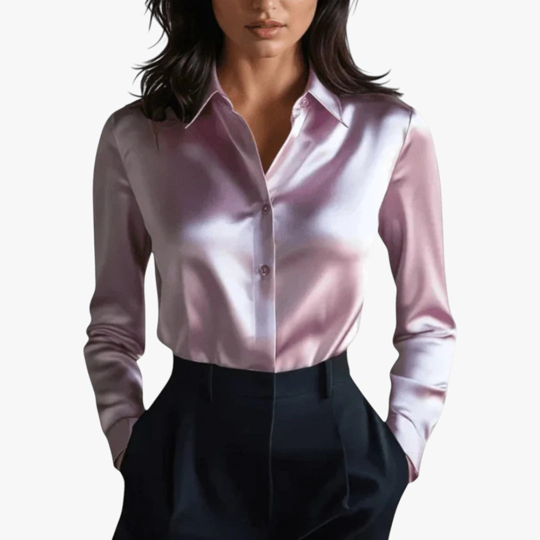 Miles & Luna Satin Long Sleeve Blouse with Silky Finish and Elegant Draped Fit for Women