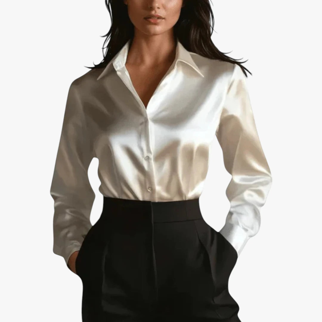 Miles & Luna Satin Long Sleeve Blouse with Silky Finish and Elegant Draped Fit for Women
