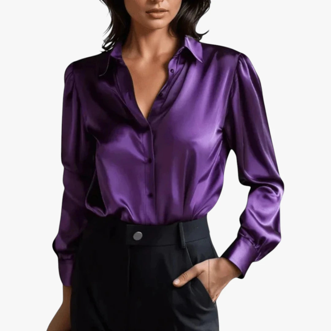 Miles & Luna Satin Long Sleeve Blouse with Silky Finish and Elegant Draped Fit for Women