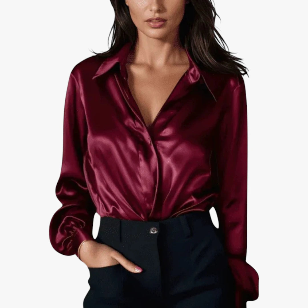 Miles & Luna Satin Long Sleeve Blouse with Silky Finish and Elegant Draped Fit for Women