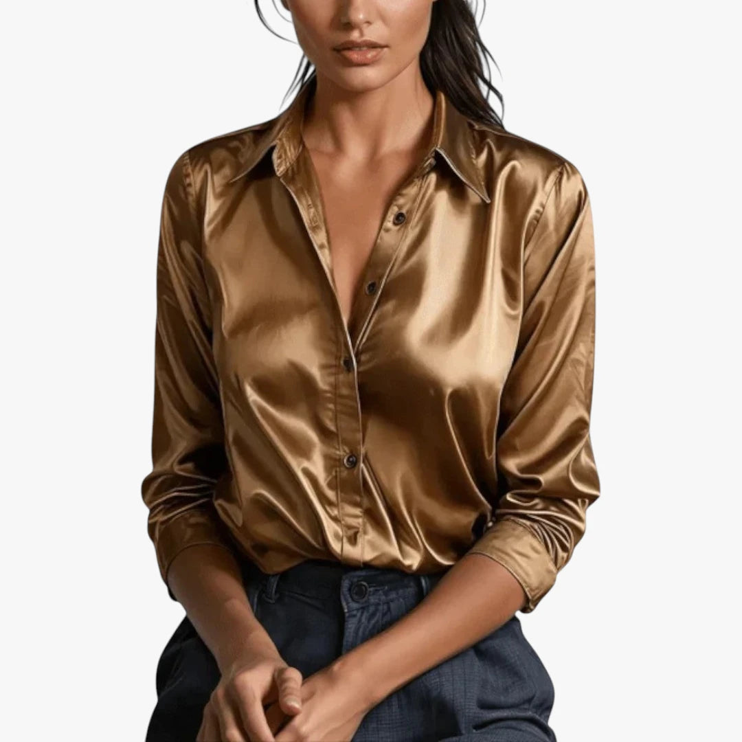 Miles & Luna Satin Long Sleeve Blouse with Silky Finish and Elegant Draped Fit for Women