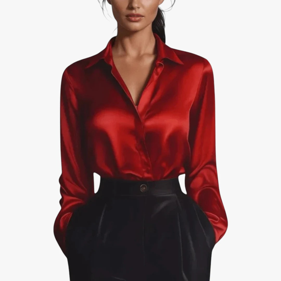 Miles & Luna Satin Long Sleeve Blouse with Silky Finish and Elegant Draped Fit for Women