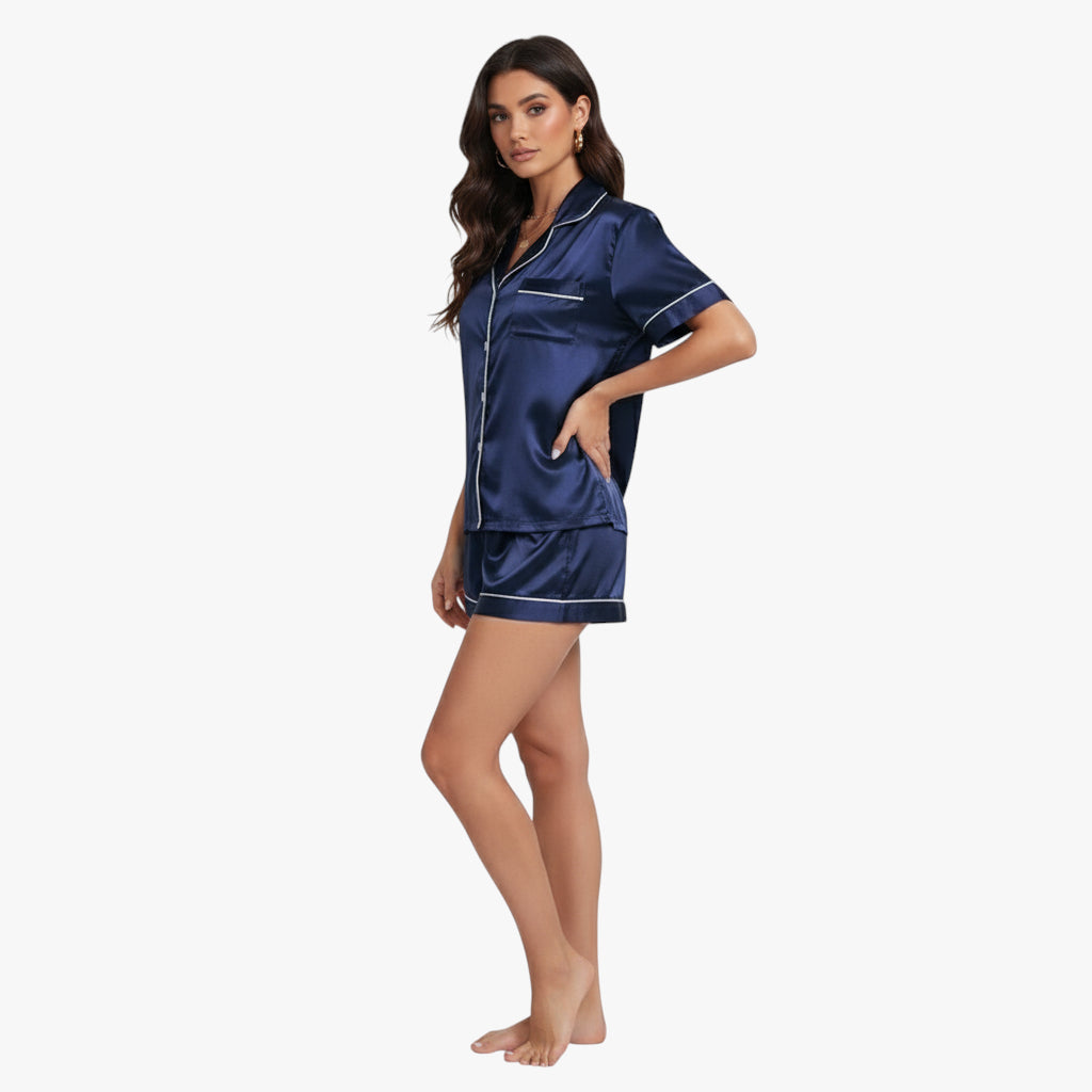 Miles & Luna Satin Pyjama Set with Short Sleeve Button Down Top and Relaxed Shorts for Women