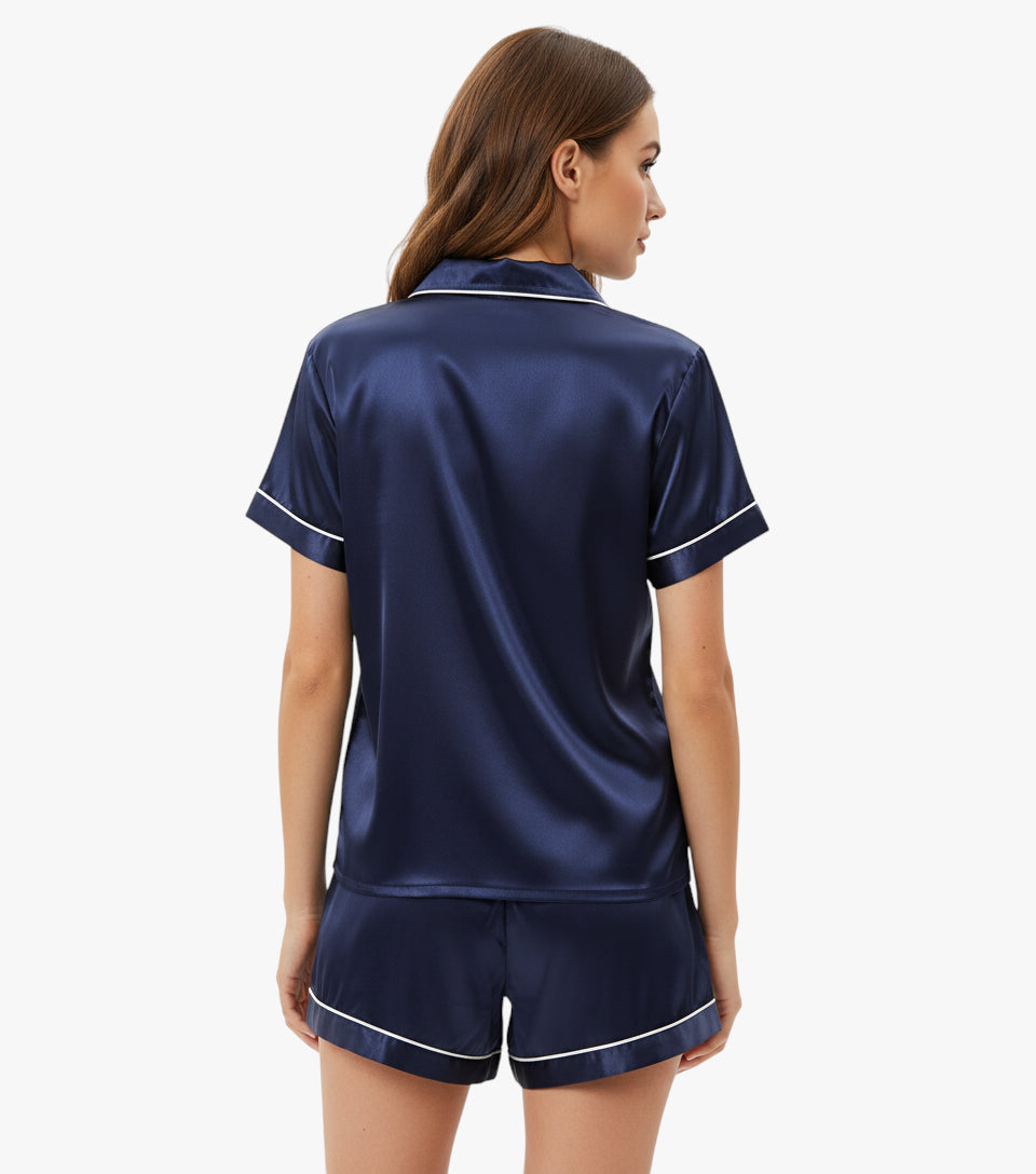 Miles & Luna Satin Pyjama Set with Short Sleeve Button Down Top and Relaxed Shorts for Women