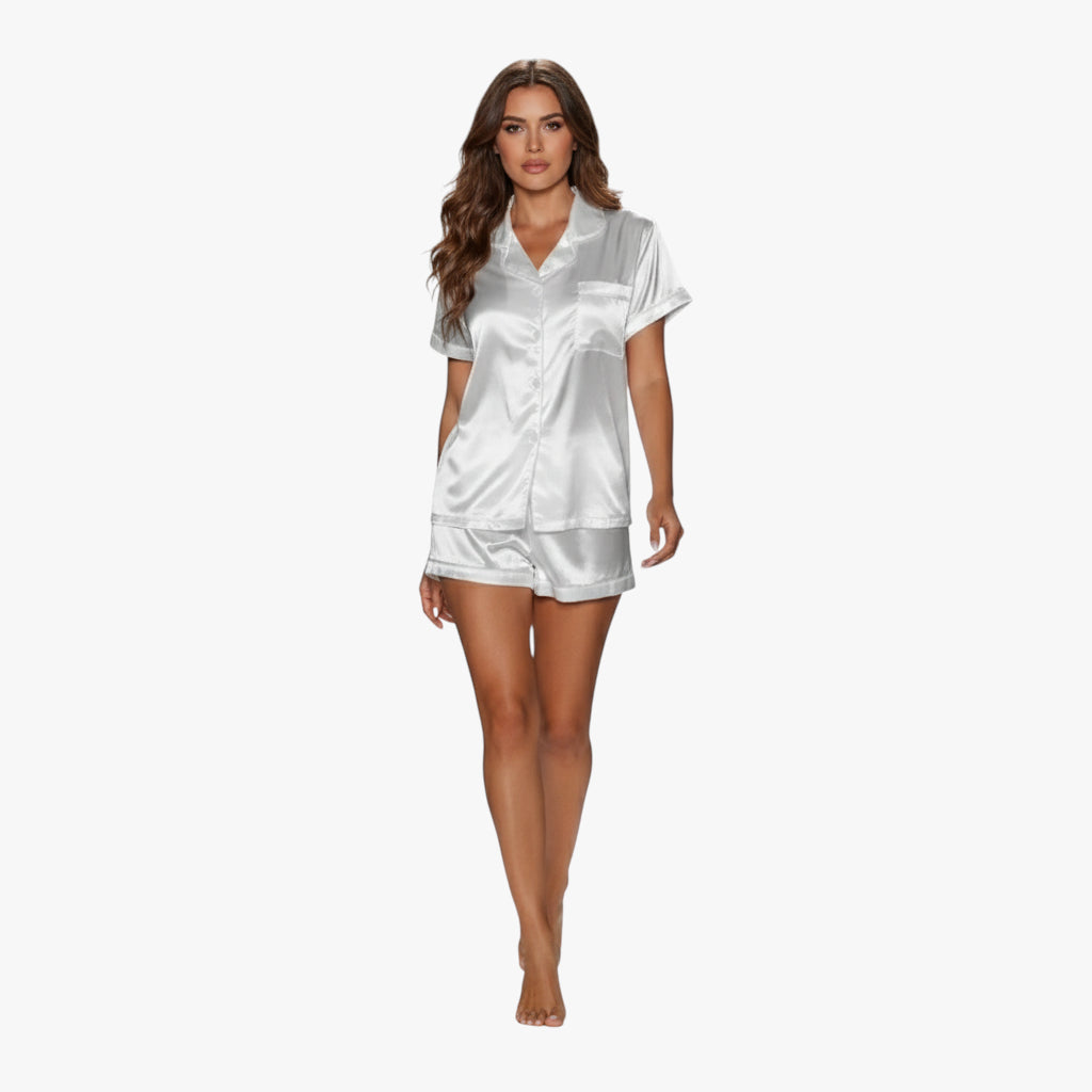 Miles & Luna Satin Pyjama Set with Short Sleeve Button Down Top and Relaxed Shorts for Women