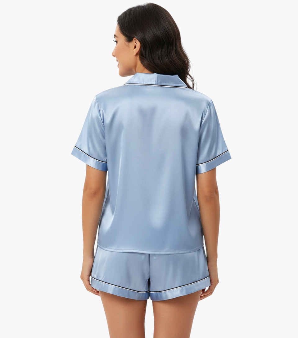 Miles & Luna Satin Pyjama Set with Short Sleeve Button Down Top and Relaxed Shorts for Women