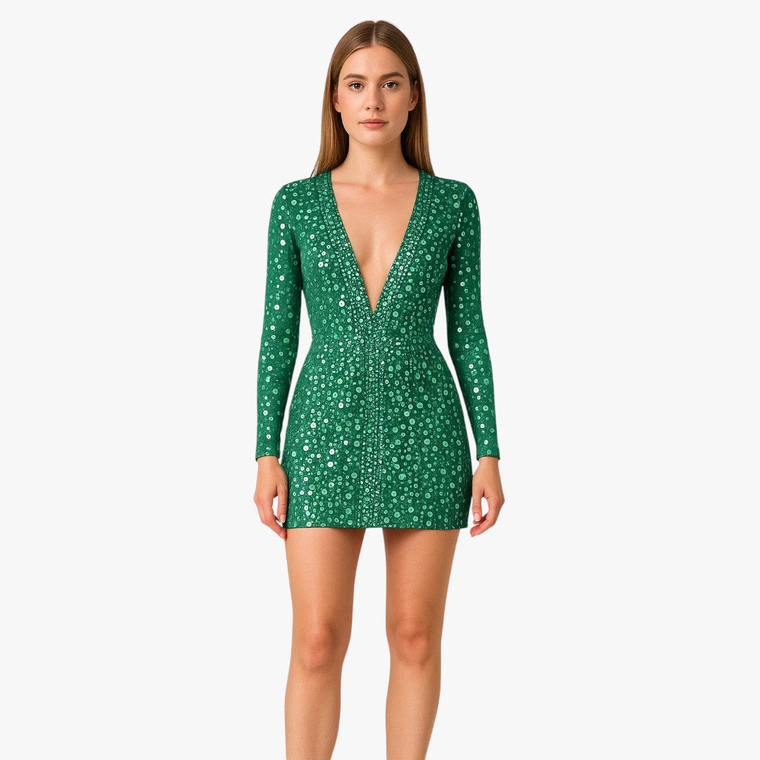 Miles & Luna Sequin Mini Dress with Long Sleeves and Deep V Neckline for Women