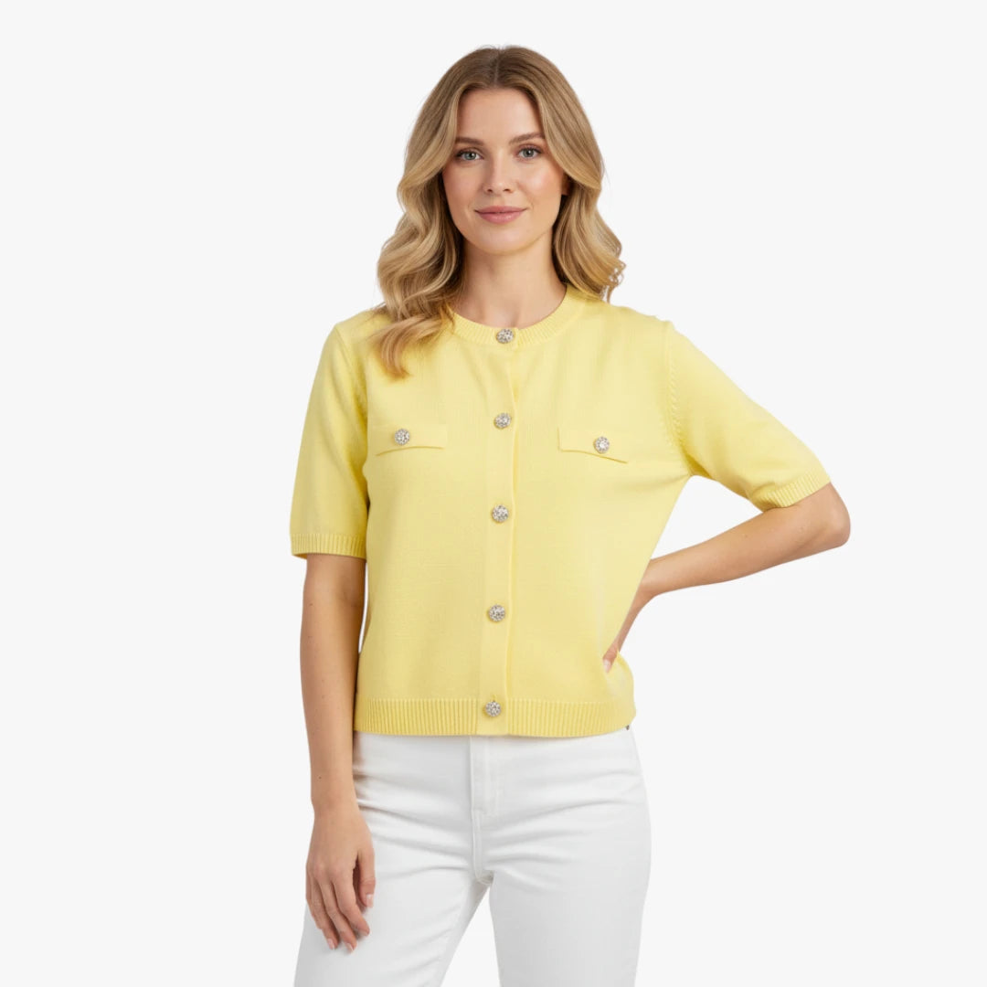 Miles & Luna Short Sleeve Knitted Cardigan with Gold Button Detail Cropped Fit for Women