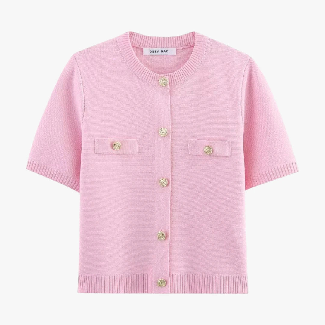 Miles & Luna Short Sleeve Knitted Cardigan with Gold Button Detail Cropped Fit for Women