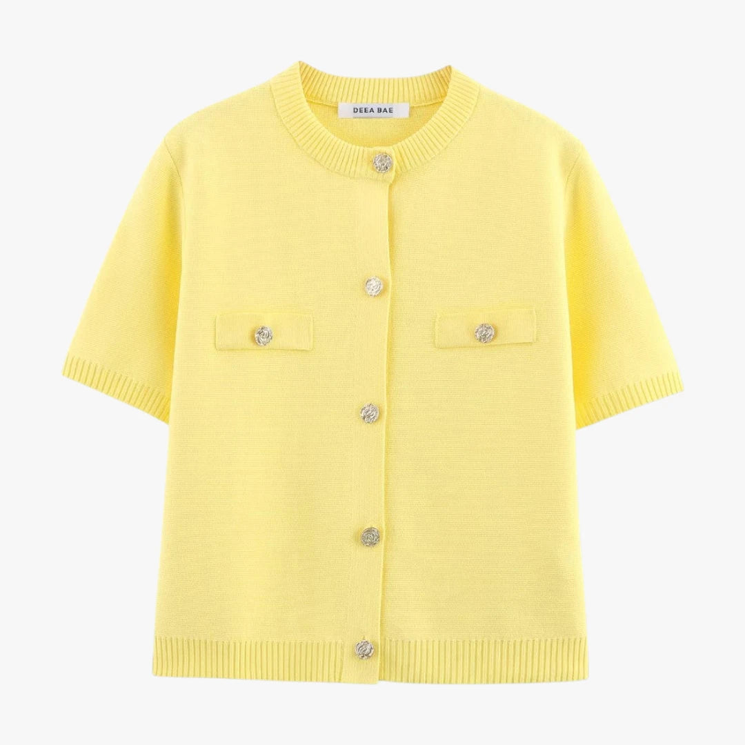 Miles & Luna Short Sleeve Knitted Cardigan with Gold Button Detail Cropped Fit for Women