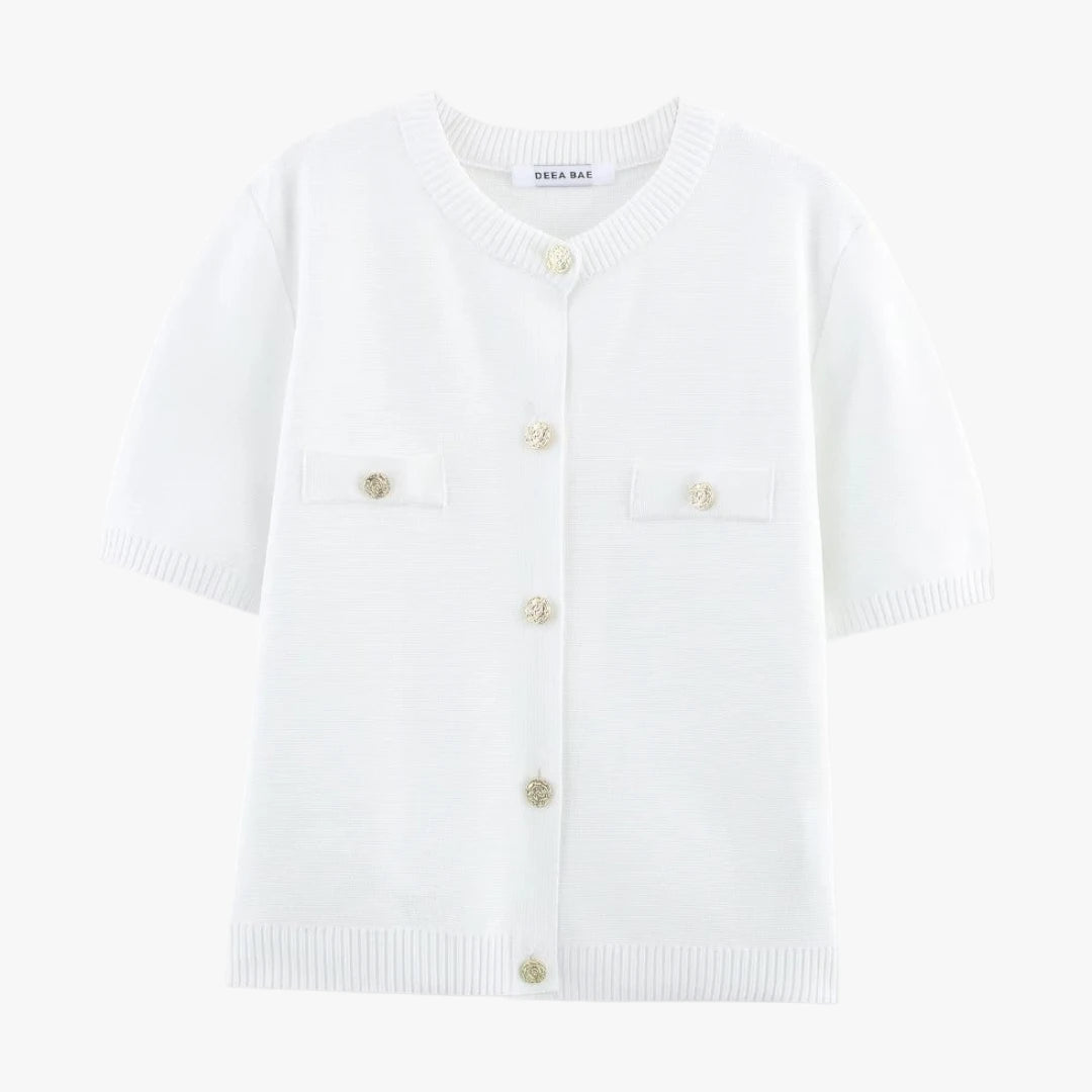 Miles & Luna Short Sleeve Knitted Cardigan with Gold Button Detail Cropped Fit for Women