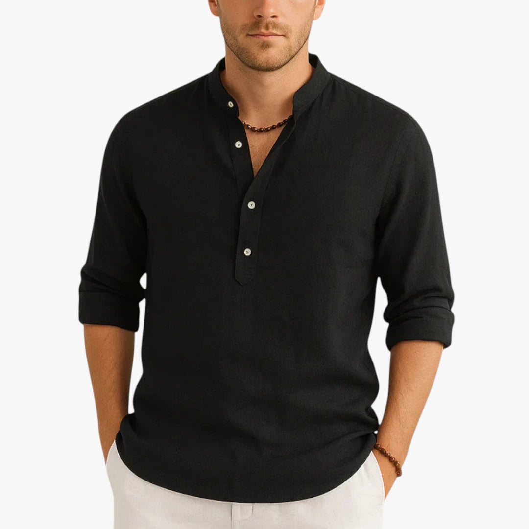 Miles & Luna Slim Fit Linen Shirt with Banded Collar Lightweight Summer Style for Men
