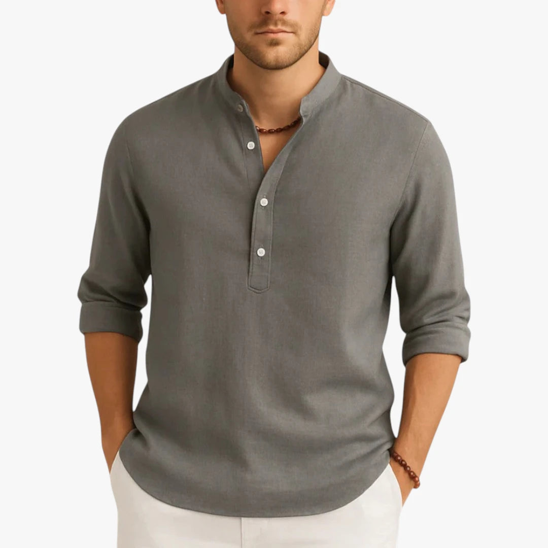 Miles & Luna Slim Fit Linen Shirt with Banded Collar Lightweight Summer Style for Men