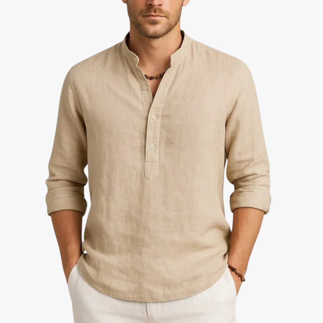 Miles & Luna Slim Fit Linen Shirt with Banded Collar Lightweight Summer Style for Men