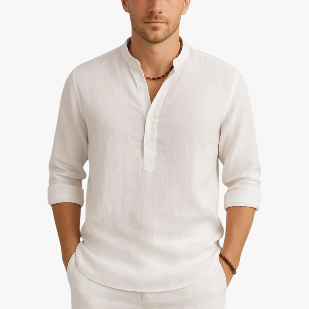 Miles & Luna Slim Fit Linen Shirt with Banded Collar Lightweight Summer Style for Men