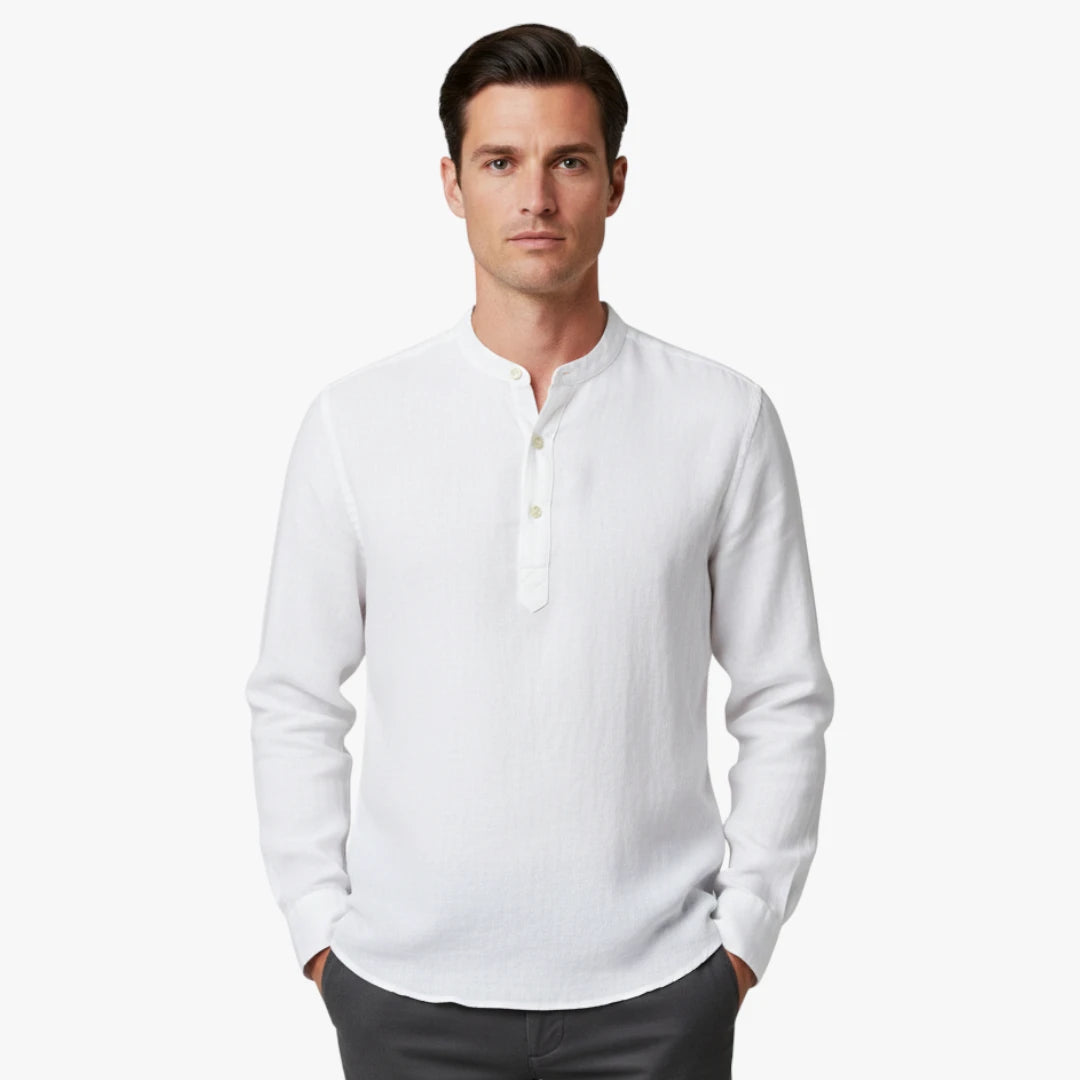 Miles & Luna Slim Fit Linen Shirt with Banded Collar Lightweight Summer Style for Men