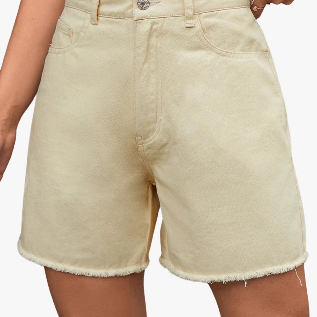 Miles & Luna Solid Color French Denim Shorts with Raw Hem for Women