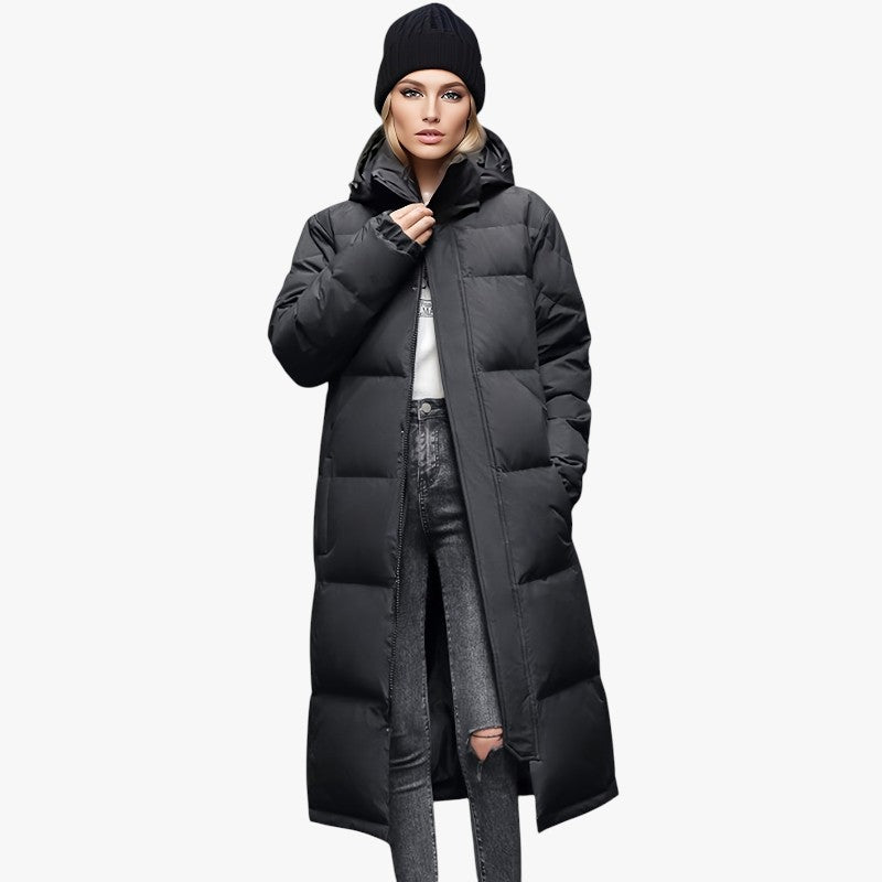 Miles & Luna Stylish Long Down Coat with Hood and Padding for Women