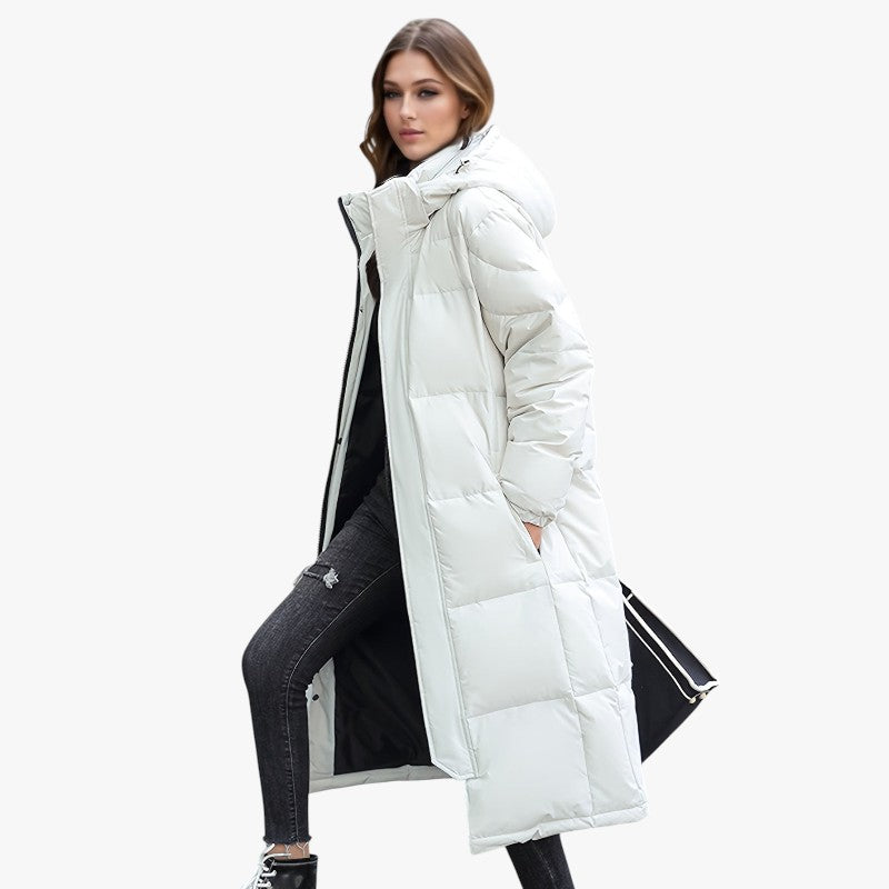 Miles & Luna Stylish Long Down Coat with Hood and Padding for Women