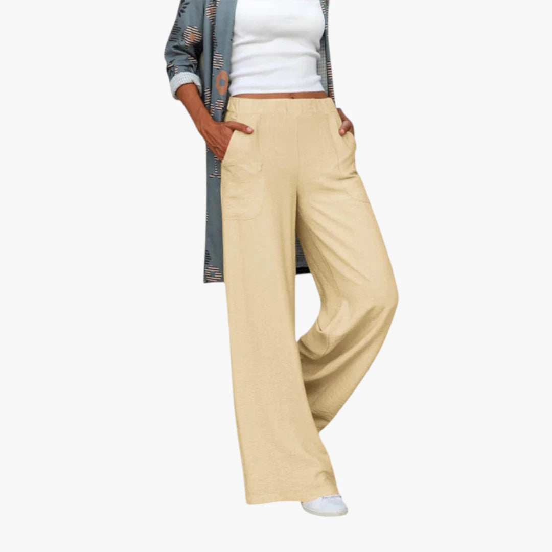 Miles & Luna Trousers – Plain Fabric with High Waist, Straight Legs