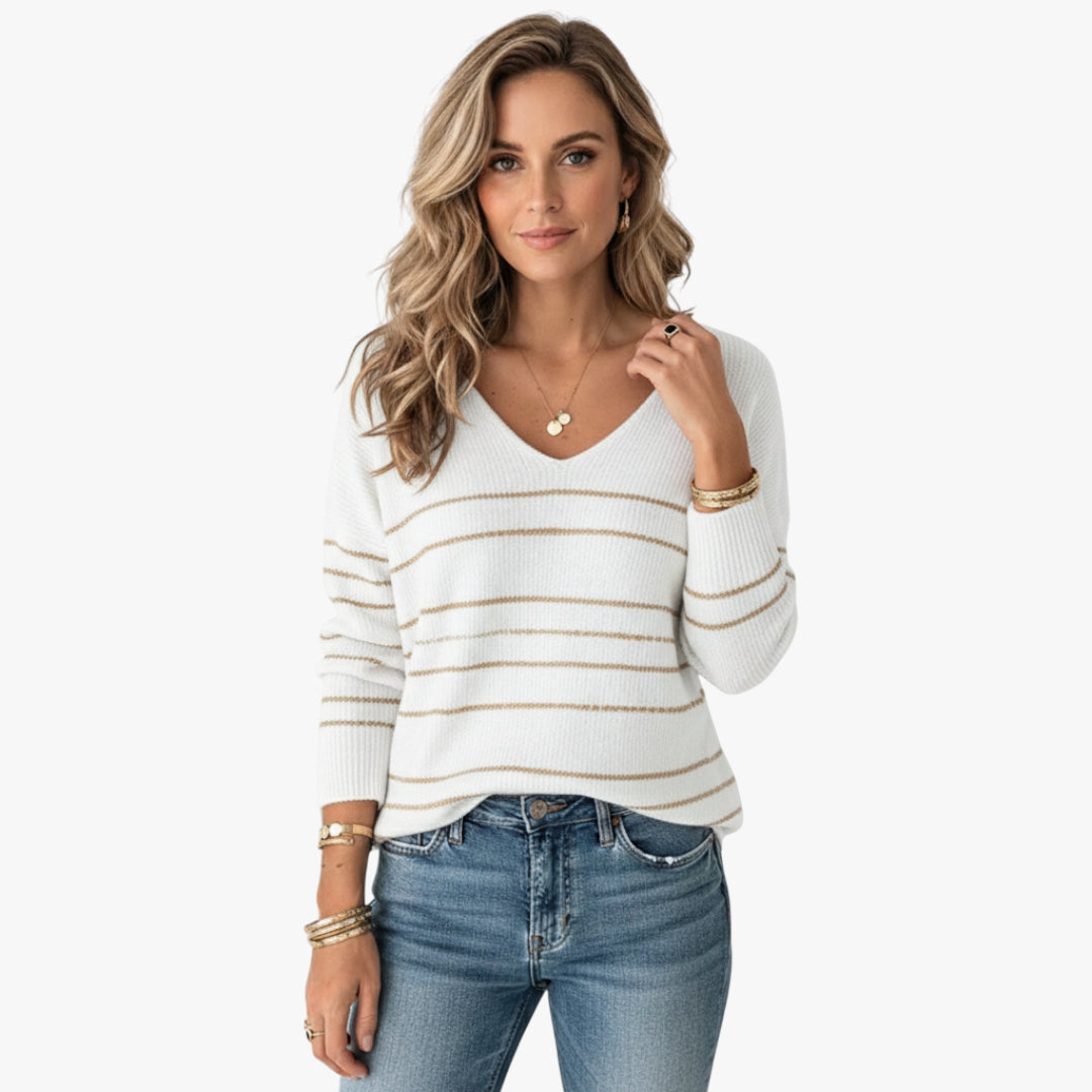 Miles & Luna V-Neck Sweater Striped Knit for Women