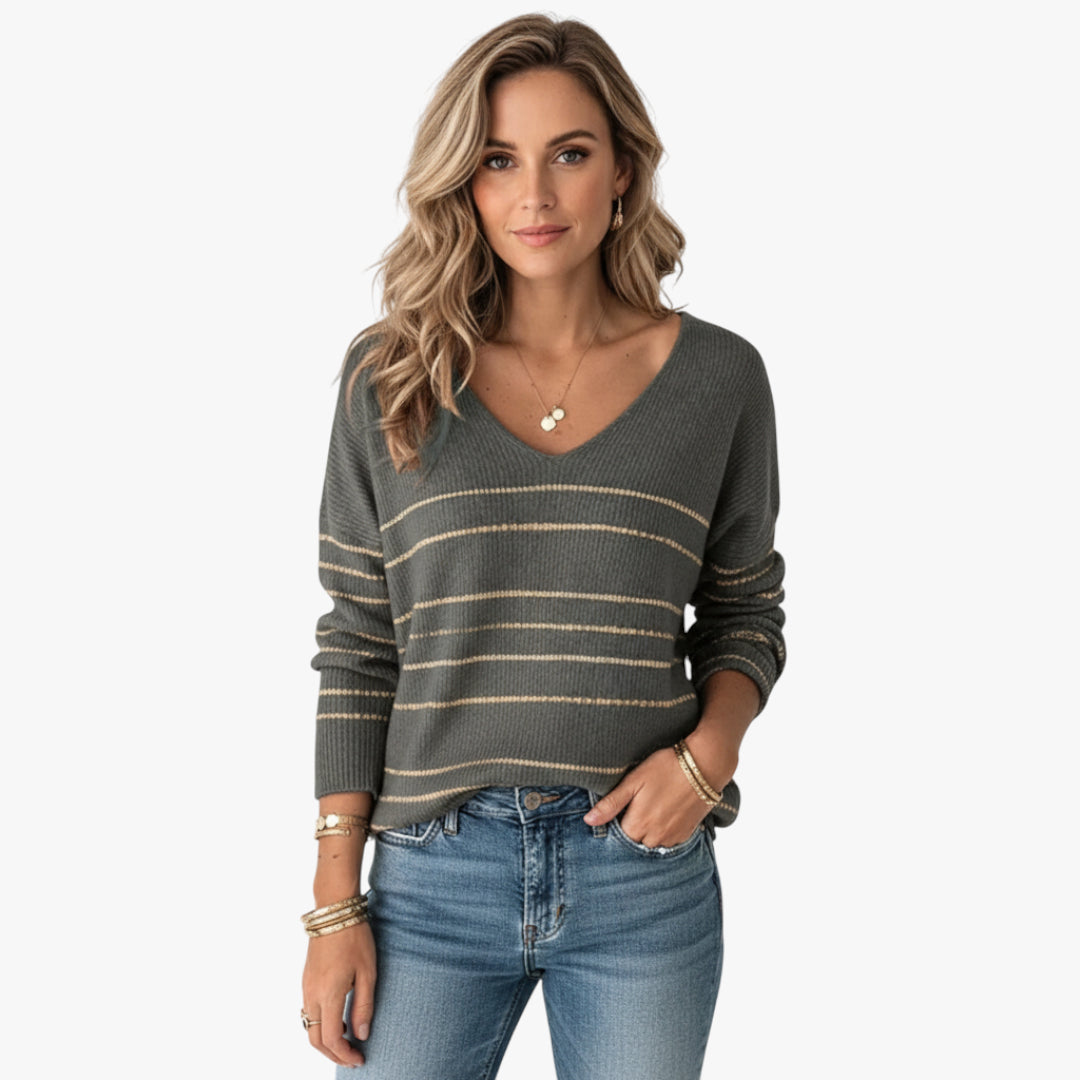 Miles & Luna V-Neck Sweater Striped Knit for Women