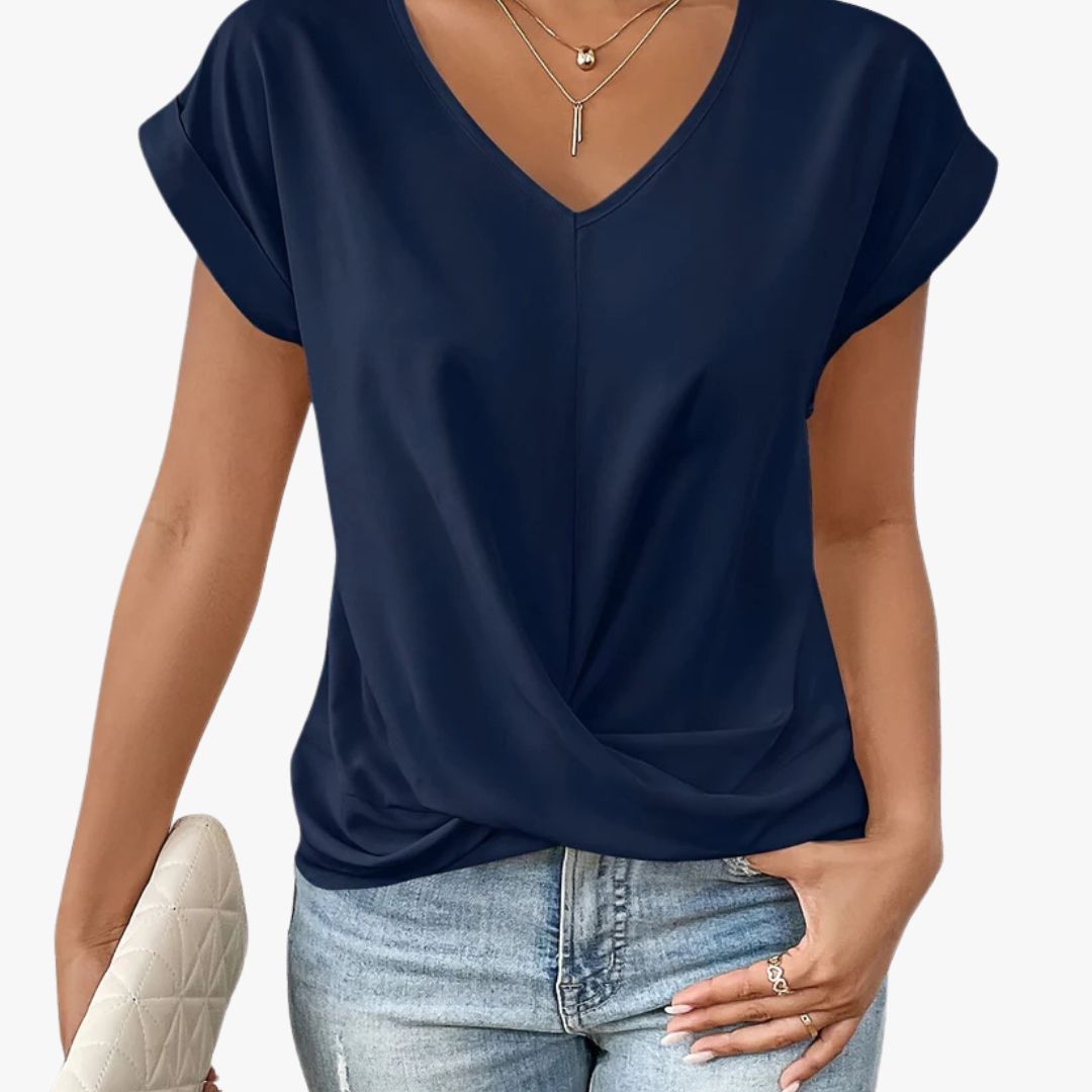 Miles & Luna V-neck Blouse Shirt with Draped Front Design for Women