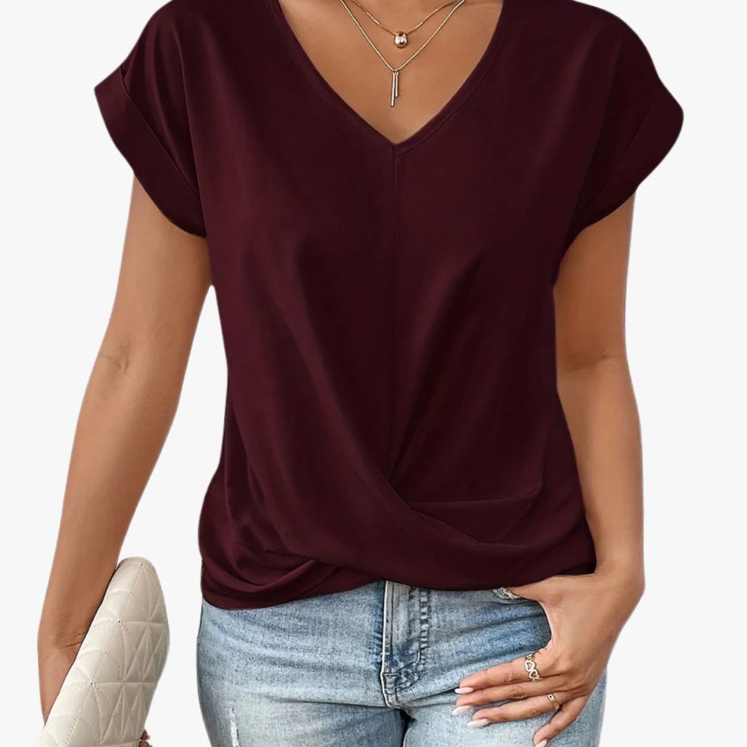 Miles & Luna V-neck Blouse Shirt with Draped Front Design for Women