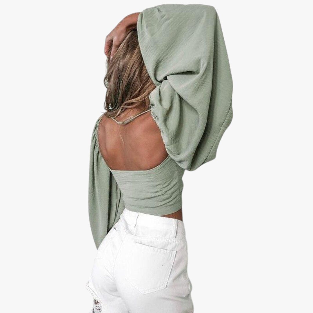 Miles & Luna Wrap Crop Top with Batwing Sleeves and Ruched Back Detail for Women