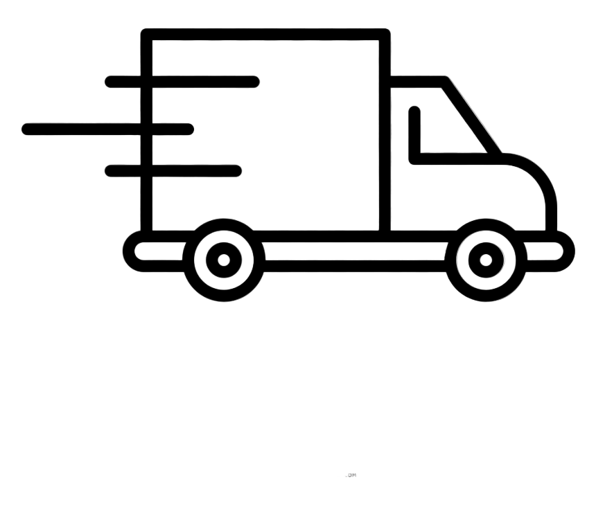 Black and white line drawing of a delivery truck with speed lines