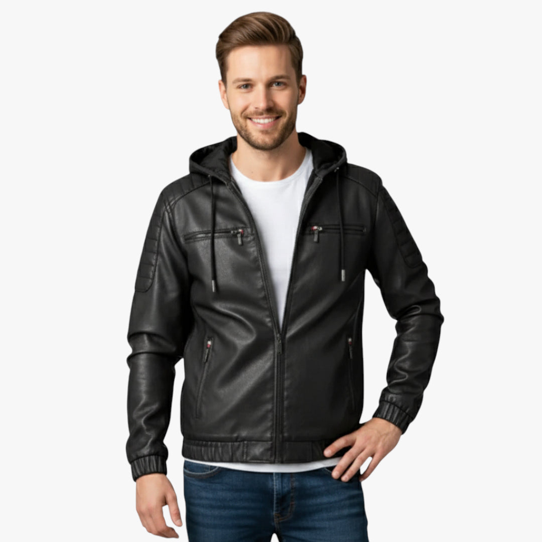 Carter | Jacket Faux Leather Hooded Design with Zip Front and Modern Minimalist Style for Men