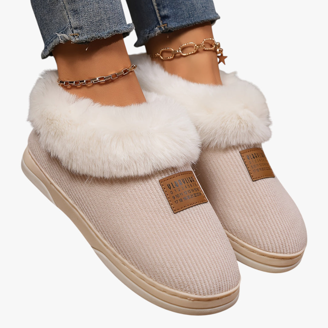 Miles & Luna Beige Fur Lined Slippers with Soft Interior and Anti Slip Sole for Women