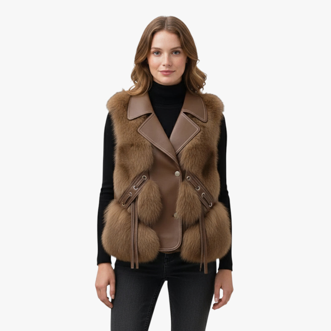 Miles & Luna Faux Fur Leather Vest with Adjustable Waist Ties for Women