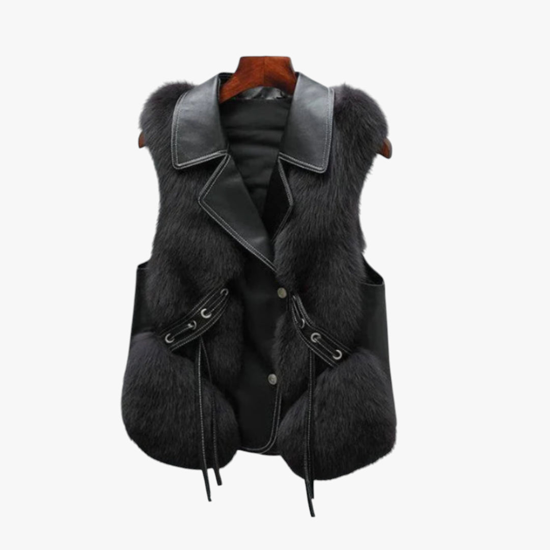 Miles & Luna Faux Fur Leather Vest with Adjustable Waist Ties for Women
