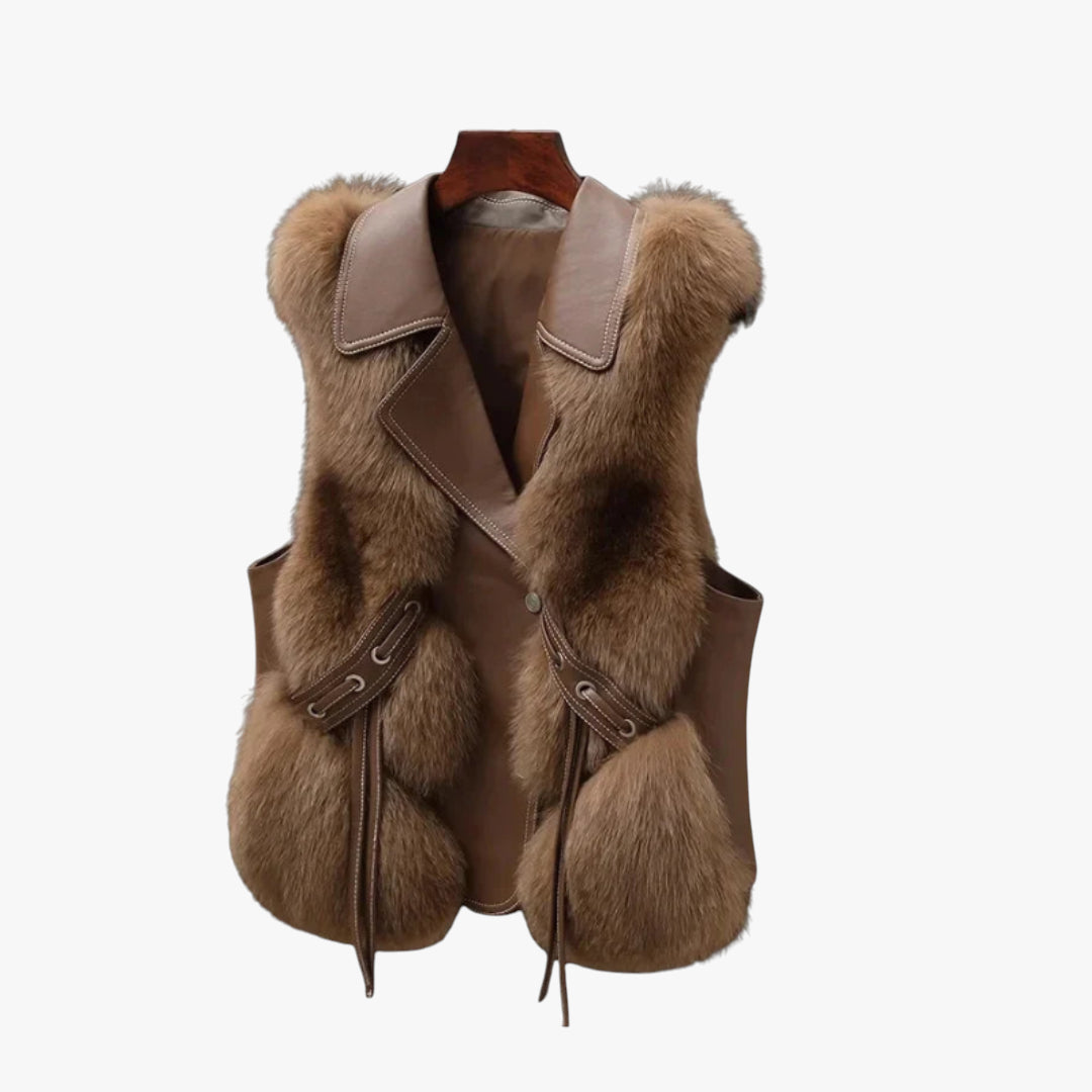 Miles & Luna Faux Fur Leather Vest with Adjustable Waist Ties for Women