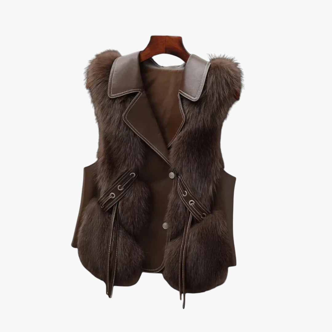 Miles & Luna Faux Fur Leather Vest with Adjustable Waist Ties for Women