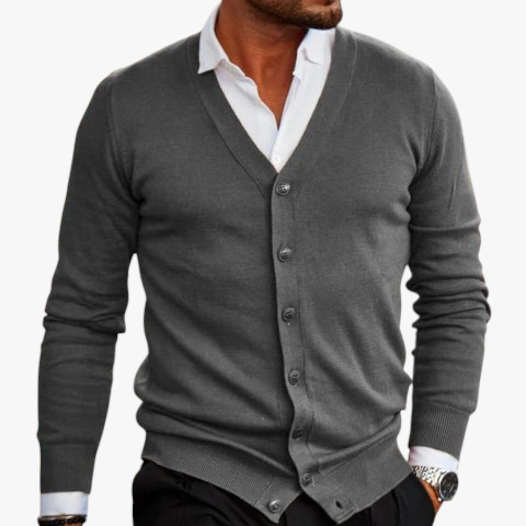 Miles & Luna Grey Button-Up V-Neck Knit Cardigan with Long Sleeves for Men