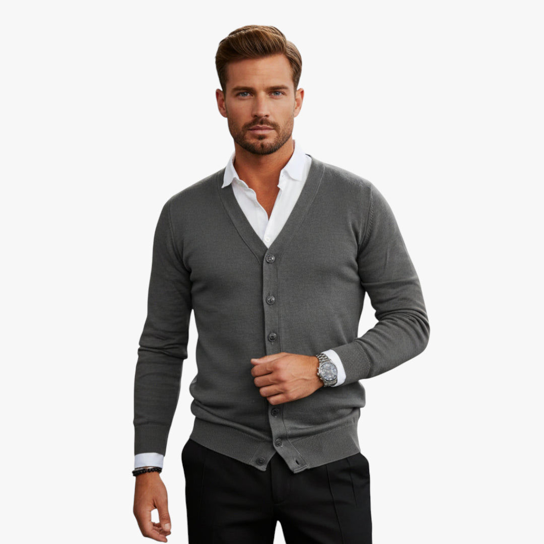 Miles & Luna Grey Button-Up V-Neck Knit Cardigan with Long Sleeves for Men