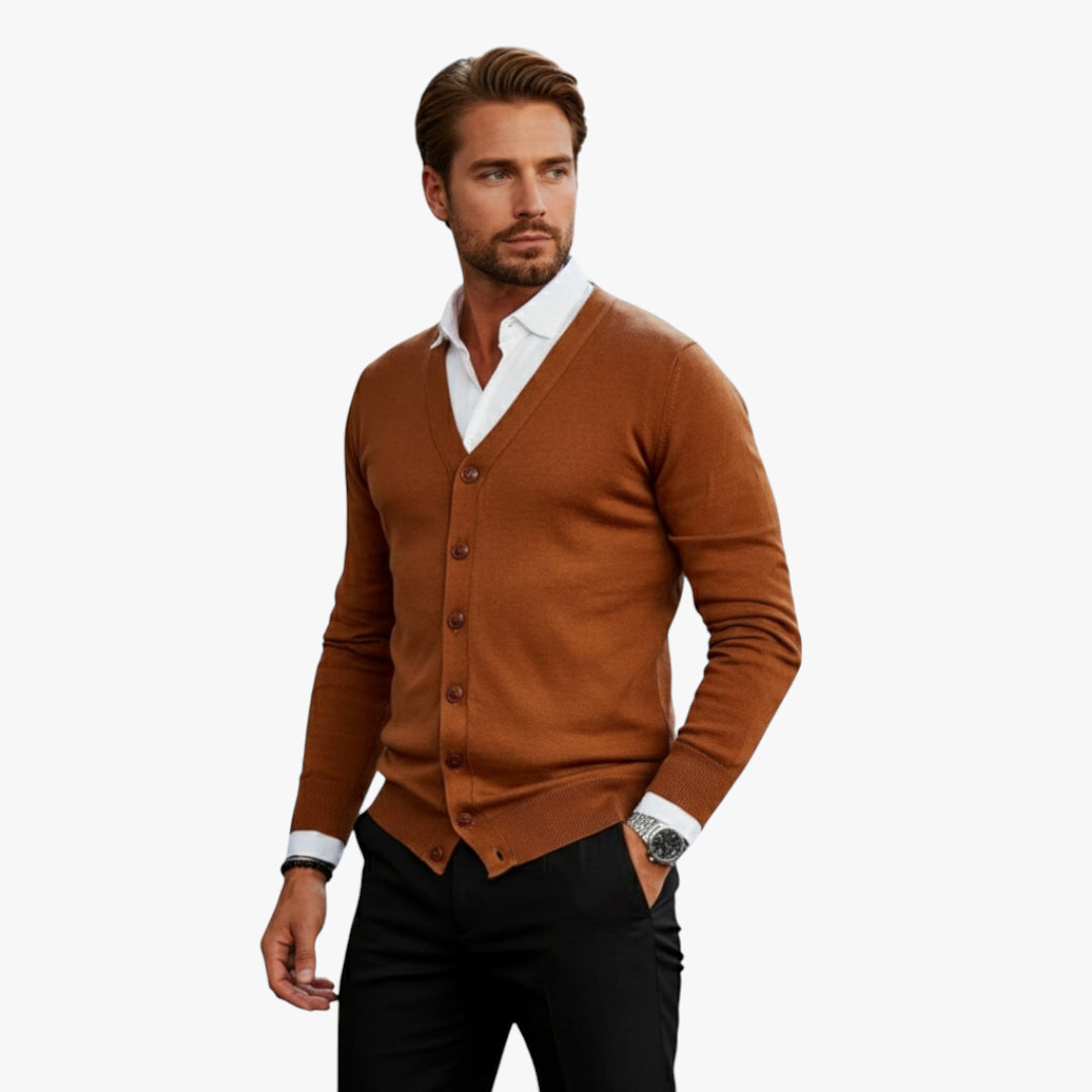 Miles & Luna Grey Button-Up V-Neck Knit Cardigan with Long Sleeves for Men