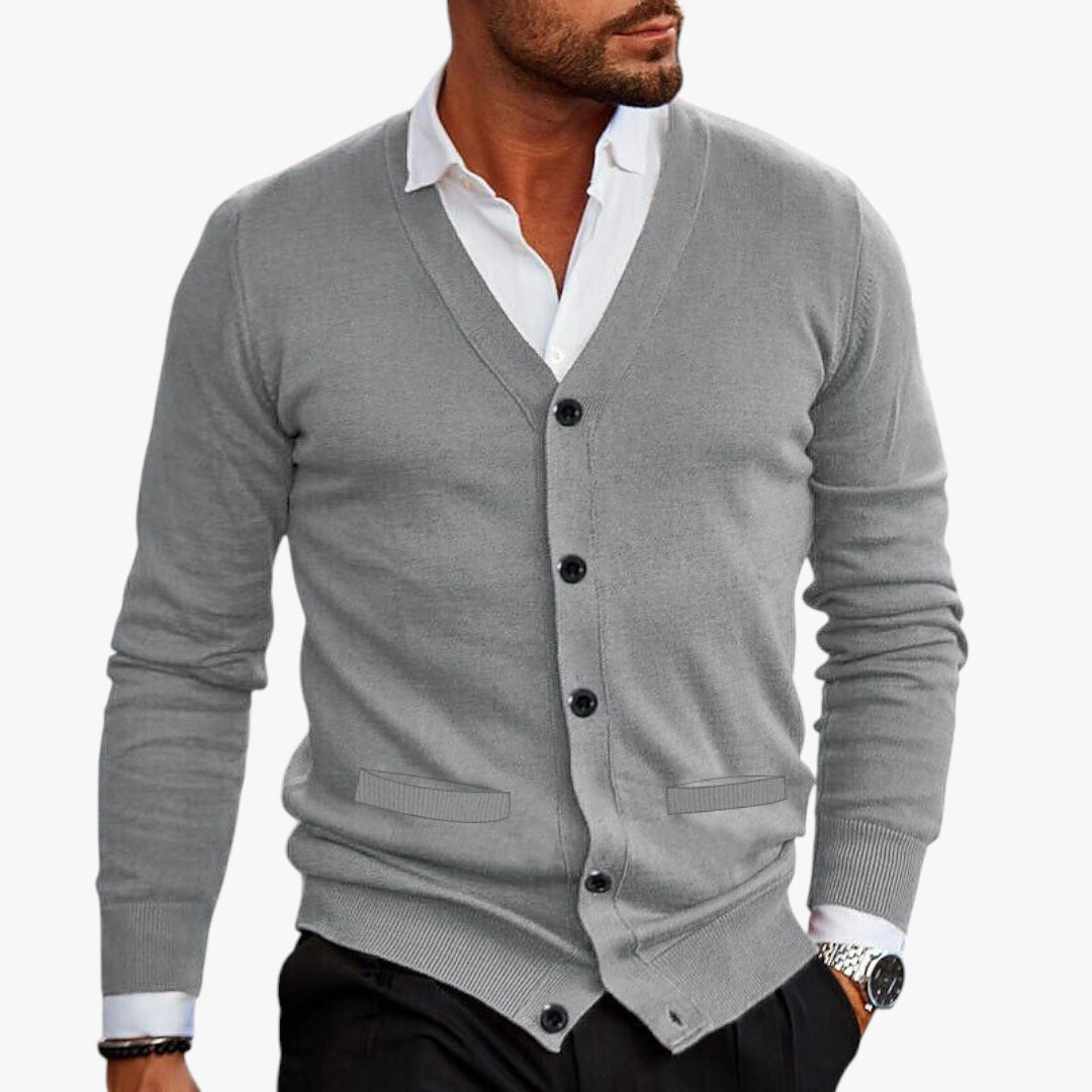 Miles & Luna Grey Button-Up V-Neck Knit Cardigan with Long Sleeves for Men